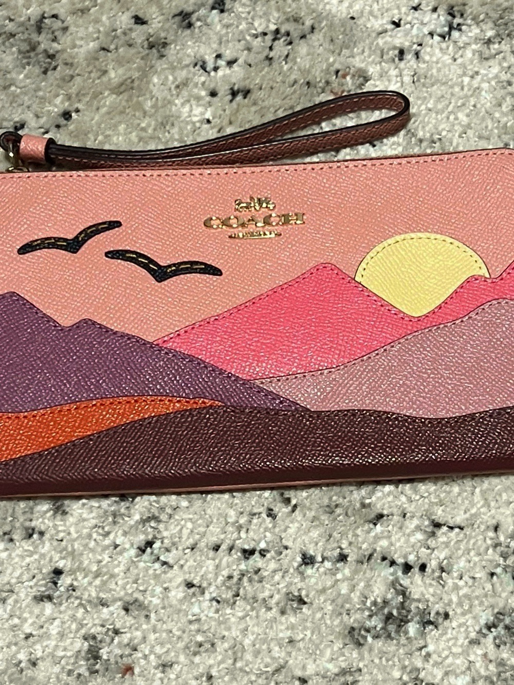 Coach Pink Sunset Mountain Wristlet with Yellow Sun